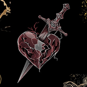 May include: A graphic illustration on a black background featuring a stylized red heart that appears fractured or broken, with a silver sword piercing through the center. The design includes fine white line work and gold abstract accents.