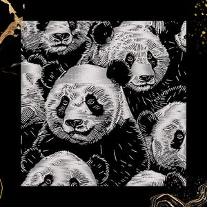 Op de afbeelding: Zwart-witte illustratie van meerdere panda's die op elkaar gestapeld zijn. De afbeelding is een herhalend patroon van panda's.