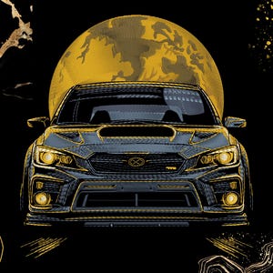 May include: Illustration of a black and gold car with a large yellow moon in the background. The car has detailed line art, with yellow headlights and accents. The background is black with gold decorative elements.