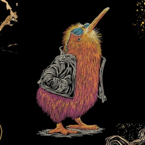 Może przedstawiać: Ilustracja ptaka kiwi w czarnej skórzanej kurtce i niebieskich okularach przeciwsłonecznych. Ptak ma pomarańczowe, fioletowe i brązowe pióra. Tło jest czarne ze złotymi akcentami.