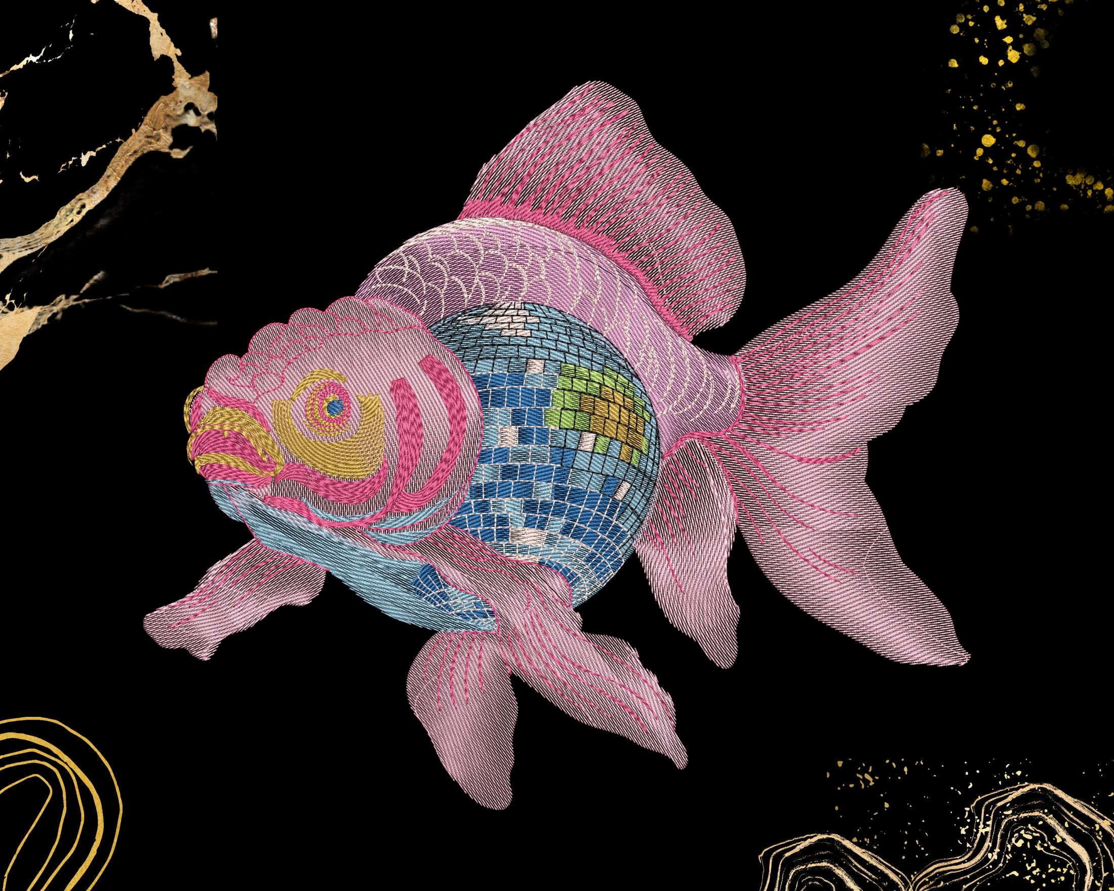 Disco Ball Fish Embroidery Design | Pink Goldfish Art | Jackets Bags ...