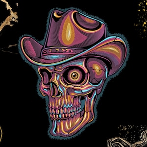 Puede incluir: Una ilustración gráfica de un cráneo humano con sombrero de vaquero, representada en tonos neón vibrantes de morado, naranja y azul sobre un fondo negro. El cráneo presenta un solo ojo visible con un iris detallado y un trabajo de líneas complejo.