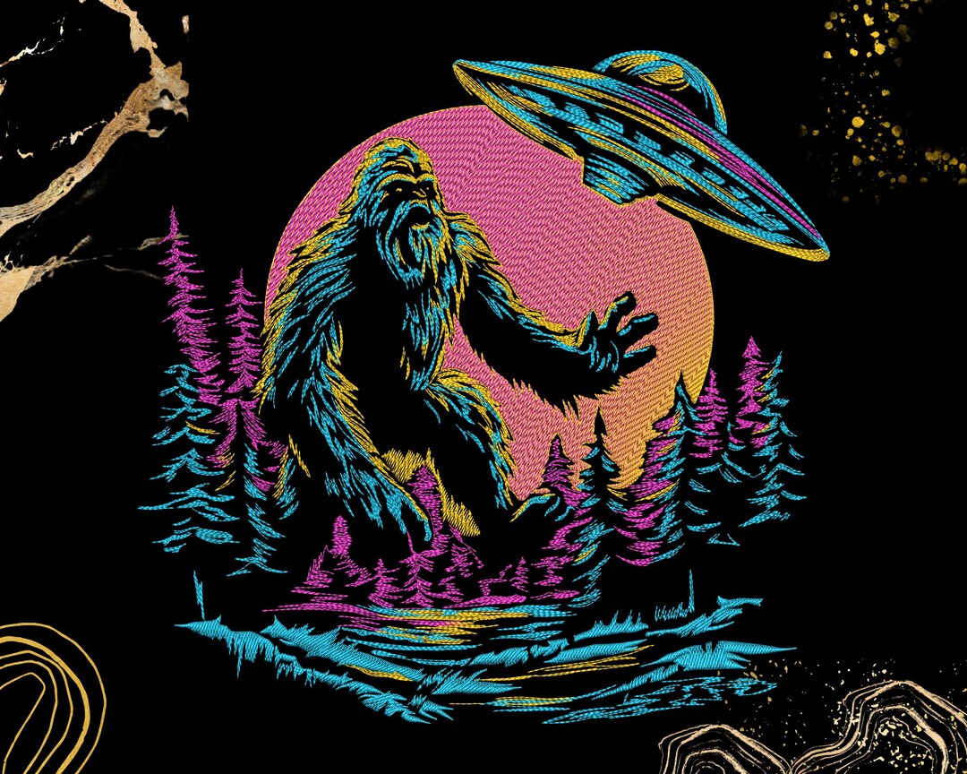 UFO Sasquatch Embroidery Design | Retro Forest Cryptid Scene | Alien ...