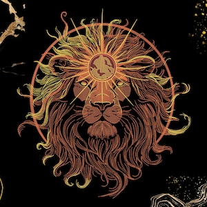 May include: A stylized illustration of a lion's head with a sunburst behind it. The lion's mane is a mix of orange and gold, and the sunburst is a bright yellow. The lion's eyes are closed, and its mouth is slightly open.