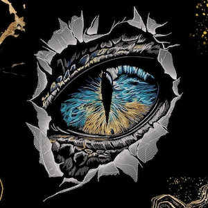 May include: A detailed illustration of a reptilian eye, featuring a striking combination of blue and gold hues. The eye is set against a black background, with a torn paper effect surrounding it, creating a dramatic visual.