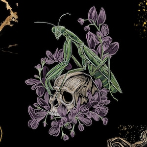 Praying Mantis Embroidery Design | Skull with Purple Wildflowers, Gothic Nature Art | Machine Embroidery File (Digital Download)