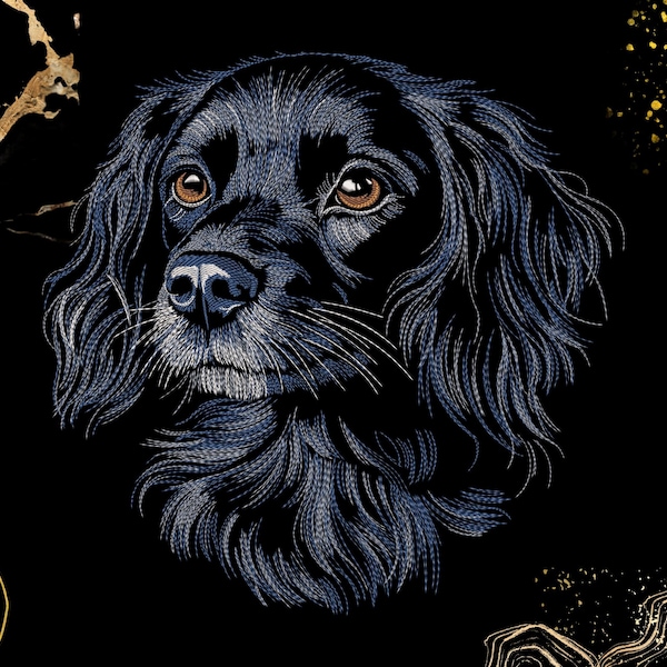 Spaniel Dog Embroidery Design | Realistic Black Dog Portrait | Pet Lover Gift | Machine Embroidery File | Dst, Exp, Pes Pec | Cute Puppy Art