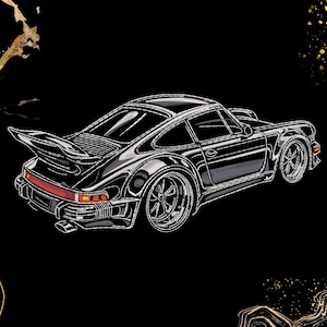 May include: A black and white illustration of a classic sports car with a rear spoiler, set against a black background with gold accents. The car is detailed with chrome-like highlights, showcasing its sleek design and wheels.