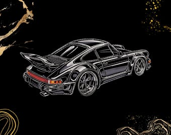 May include: A detailed black and white illustration of a classic sports car with a prominent rear spoiler, set against a black background with gold accents. The car features chrome-like highlights, emphasizing its sleek design and wheels.