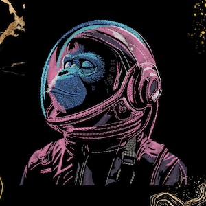 May include: A digital illustration of an ape wearing a space helmet. The ape's face is blue, and the helmet is pink and blue. The background is black with gold accents. The ape appears to be deep in thought.