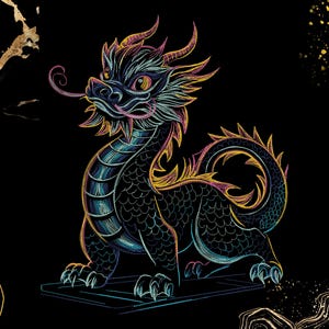 May include: A detailed illustration of a Chinese dragon in a seated position, rendered with a vibrant color palette of blues, yellows, and pinks against a black background. The dragon features intricate scales, horns, and a long, curling mustache. The artwork is a digital illustration.