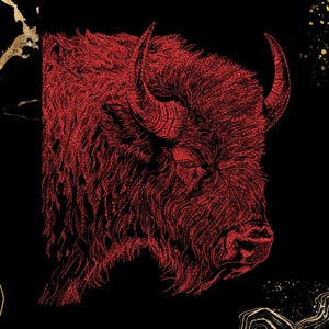 Puede incluir: Una ilustración de línea roja de una cabeza de bisonte sobre un fondo oscuro.