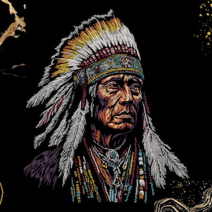 May include: A detailed illustration of a Native American man wearing a traditional feathered headdress. The portrait features intricate details, with a color palette of browns, yellows, reds, and blues against a black background. The man is adorned with necklaces and a beaded headband.