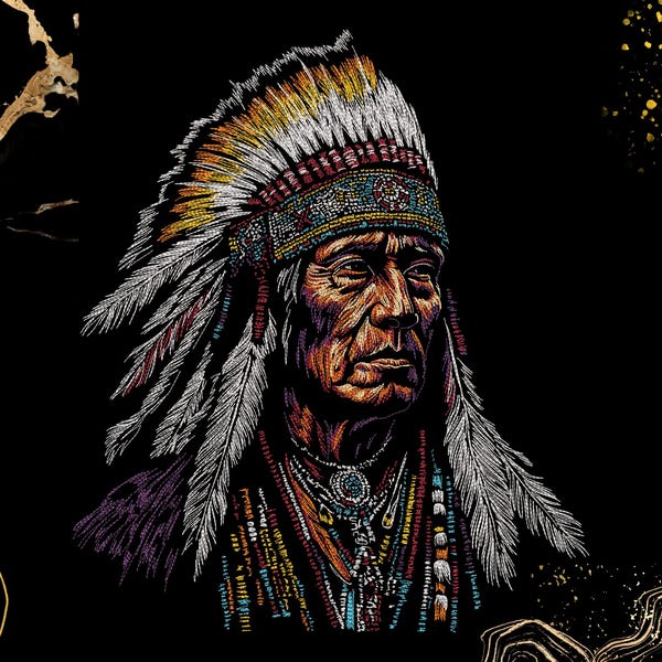 Native American Chief portret borduurontwerp | Tribale hoofdtooikunst | Western boho-liefhebbers | Digitale download | Etnische muurkunst | Pes Pec