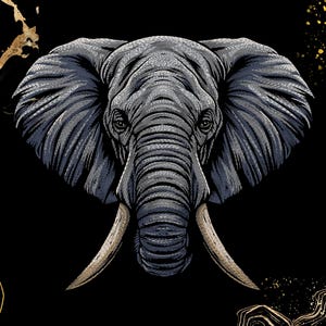 May include: A detailed illustration of an elephant's head, featuring a textured gray and blue design. The elephant has large ears, long tusks, and is set against a black background with gold accents. The artwork is a close-up of the elephant's face.