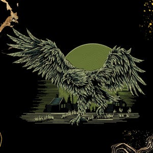 May include: An embroidered design of an eagle with outstretched wings, set against a green moon and a silhouette of a rural landscape. The eagle is detailed in shades of green and the background is black.