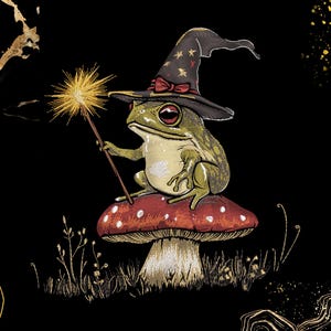 May include: A green frog wearing a witch's hat with a red bow sits on a red and white mushroom with a white stem. The frog is holding a wand with a spark at the end. The background is black with gold accents.