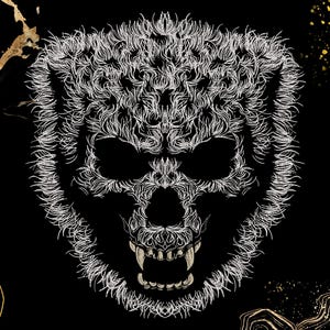 Peut inclure: Illustration détaillée d'un visage en forme de crâne, créé avec des lignes blanches et plumeuses sur fond noir. Le design comprend des dents pointues et des orbites, avec des accents dorés.