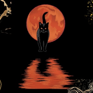 May include: A black cat with orange eyes stands before a large orange moon, with its reflection in the water below. The background is black, with gold and white abstract designs in the corners. The image has a spooky, Halloween theme.