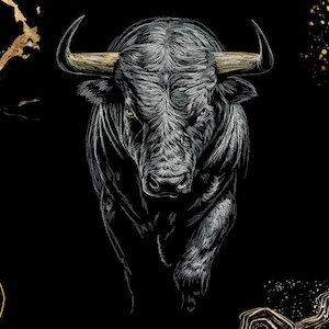 May include: A detailed illustration of a bull with a black body and gold horns, set against a black background with gold accents. The bull is depicted in a forward-facing pose, showcasing its powerful physique.