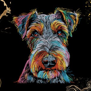 Könnte beinhalten: Ein farbenfrohes, stilisiertes Porträt eines Hundes vor schwarzem Hintergrund. Das Fell des Hundes ist in einer lebendigen Farbpalette dargestellt, darunter Rot, Orange, Gelb, Grün, Blau und Lila. Die Augen des Hundes sind tiefrot, was einen auffälligen Effekt erzeugt.