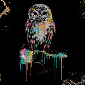 Può includere: Un'illustrazione grafica di un gufo appollaiato su un pennello, entrambi coperti da vivaci gocce di vernice multicolore. Il gufo presenta dettagliati tratti in bianco e nero con schizzi di vernice rosa, gialla, blu e verde su uno sfondo nero.