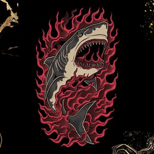 May include: A graphic illustration of a shark with its mouth open, revealing sharp teeth, surrounded by stylized red flames on a black background. The shark is depicted in shades of grey and white, with detailed line work throughout the design.