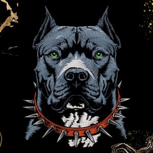 May include: A detailed illustration of a pit bull's head, featuring a gray and black coat, piercing green eyes, and a red spiked collar. The dog's face has white markings, set against a black background.