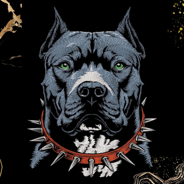 Pitbull Head Embroidery Design | Fierce Dog Art | For Jackets & Bags | Digital Machine Embroidery File | Spiked Collar, Strong Canine | Exp