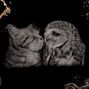 May include: A black and white line art illustration of a cat and an owl facing each other on a black background. The image features gold-colored abstract marble-like accents in the top left and bottom corners, with gold speckles in the top right.
