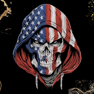 May include: Illustration of a skull wearing a hooded sweatshirt. The hood is designed with the American flag, featuring red and white stripes and blue with white stars. The skull has a detailed, menacing expression, set against a black background.