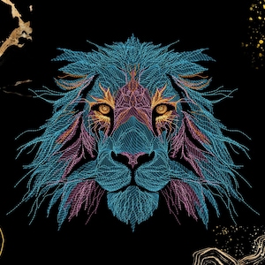 May include: A detailed illustration of a lion's head, rendered in shades of blue, pink, and gold against a black background. The lion's mane and facial features are intricately designed with a textured, thread-like appearance. The artwork has a decorative, artistic style.