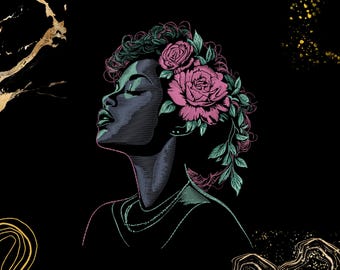 Afro Woman Embroidery Design | Floral Beauty with Roses Theme | For Black History Projects | Digital Download PES DST EXP | Melanin Queen