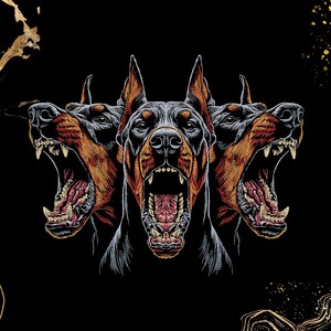 May include: A digital illustration of three snarling Doberman Pinschers with open mouths, showcasing sharp teeth and red tongues. The dogs have black and brown fur, set against a black background with gold accents.