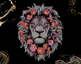May include: A black and white illustration of a lion's head with a floral crown. The crown is made of pink, red, and purple flowers.