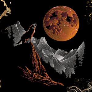 Howling Wolf Embroidery Design | Red Moon Nightscape, Woodland Adventure Theme | Machine Embroidery File (Digital Download)