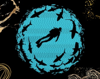 Diseño de bordado de tiburón buceador / Tema de círculo con silueta oceánica / Para buceadores y amantes de la vida marina / Archivo digital para máquina / Dst, Exp, Pes, Pec