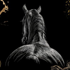 Könnte beinhalten: Eine schwarz-weiße Strichzeichnung eines Pferdes von hinten gesehen, mit detaillierter Mähne und muskulösem Hals. Die Komposition ist vor einem einfarbigen schwarzen Hintergrund platziert, mit abstrakten Blattgold-Akzenten in den Ecken.