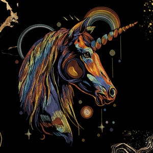 May include: A colourful illustration of a unicorn's head, featuring a detailed design with shades of orange, blue, and yellow. The artwork has a textured appearance against a black background, with gold accents and celestial elements.