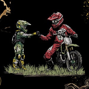 Broderidesign för motocrossförare | Far och son, knytnäve, dirt bike-scen, vintageskiss | Digital nedladdning