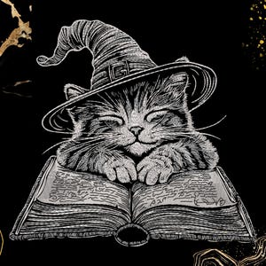 May include: A black and white illustration of a cat wearing a witch hat, resting on an open book. The cat has closed eyes and is embroidered with detailed lines. The background is black with gold accents, creating a whimsical, Halloween-themed design.