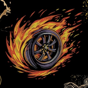 May include: An embroidered illustration of a car wheel engulfed in flames. The wheel is black and purple, with orange and yellow flames emanating from it. The background is black with gold accents.
