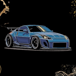 Könnte beinhalten: Illustration eines blauen Sportwagens mit schwarzen Rädern und einem Heckspoiler. Der Wagen ist vor einem schwarzen Hintergrund mit goldenen Akzenten abgebildet. Das Design des Wagens weist detaillierte Linien auf, die ihm ein strukturiertes Aussehen verleihen.