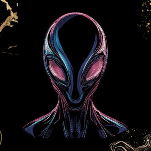May include: An illustration of an alien head against a black backdrop. The alien's head is rendered with pink and blue lines, giving a textured appearance. The eyes are large and oval, and the design has a futuristic aesthetic.