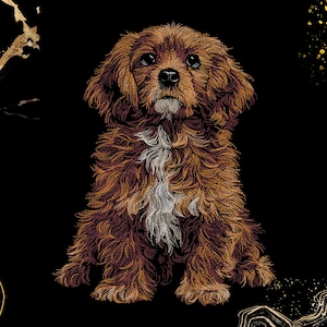 Op de afbeelding: Een gedetailleerde illustratie van een bruine, langharige puppy met een witte borstvlek, tegen een effen zwarte achtergrond. De puppy heeft grote, donkere ogen en een textuurrijke vacht, omringd door abstracte goudkleurige lijnen.