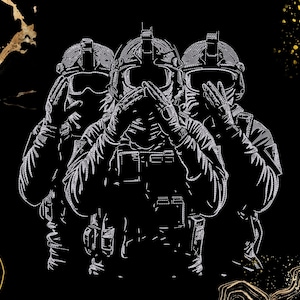 Könnte beinhalten: Schwarz-Weiß-Illustration von drei Figuren in taktischer Ausrüstung, die sich jeweils Augen, Mund und Ohren bedecken. Die Figuren tragen Helme und taktische Westen. Der Hintergrund ist schwarz mit goldenen Akzenten.