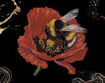 May include: An embroidered design featuring a large bumblebee with yellow and black stripes resting inside a vibrant red poppy flower. The artwork is set against a solid black background with abstract gold-coloured line accents and speckles.