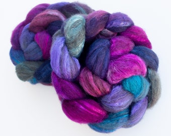 Hand dyed grey Shetland silk tops, hand dyed roving, British Shetland fiber, spindling wool top, hand painted Shetland fibre tops, Evelyn