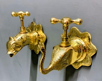 Handcrafted Brass Sink Tap– Elephant & Fish Shaped Ornate Vintage Taps for Bathroom,