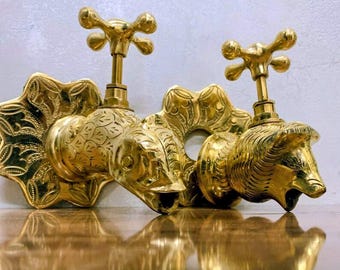 Handcrafted Brass Lion & Fish Faucet: Vintage Moroccan Decor